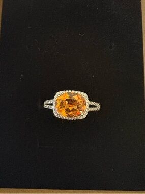 Elegant oval citrine Halo Ring with Silver 925 Pavé Band